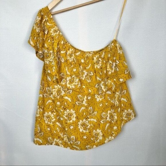 Madewell Silk One-Shoulder Ruffle Top in Yellow Assam Floral S - Picture 5 of 11